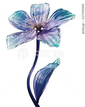 Glass Flower Sculpture in Blue and Purple Tones, Translucent Decorative Botanical Art on White 137345005