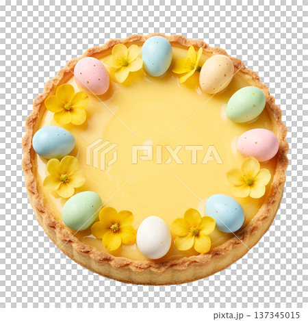 Bright and sunny easter lemon tart with a buttery crust, topped with pastel mini eggs and delicate spring flowers, isolated for holiday content Bright and sunny easter lemon tart with a buttery crust, topped with pastel mini eggs and delicate spring flowers, isolated for holiday content 137345015