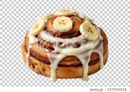 Freshly baked cinnamon roll topped with creamy icing and fresh banana slices, perfect for breakfast blogs, cafe menus, and comfort food photos Freshly baked cinnamon roll topped with creamy icing and fresh banana slices, perfect for breakfast blogs, cafe menus, and comfort food photos 137345016
