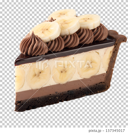 Delicious slice of banana chocolate cream pie with layers of pudding, fresh bananas, and a fluffy whipped cream topping, isolated on transparent background Delicious slice of banana chocolate cream pie with layers of pudding, fresh bananas, and a fluffy whipped cream topping, isolated on transparent background 137345017