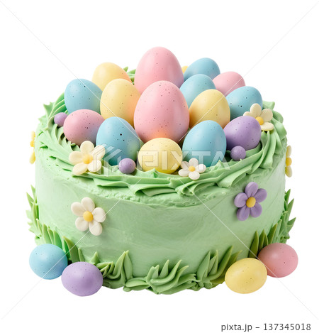 Beautiful easter cake decorated with pastel-colored mini eggs, fresh spring flowers, perfect for holiday celebrations and dessert tables 137345018