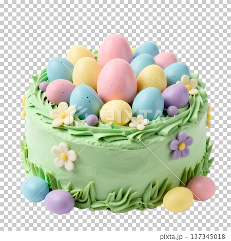 Beautiful easter cake decorated with pastel-colored mini eggs, fresh spring flowers, perfect for holiday celebrations and dessert tables 137345018