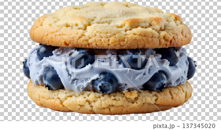 Delicious blueberry ice cream sandwich made with soft cookies and creamy blueberry filling, perfect for summer treats and dessert concepts 137345020