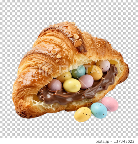 Buttery, flaky croissant spread with rich chocolate hazelnut spread and topped with colorful mini candy easter eggs, a sweet holiday treat 137345022