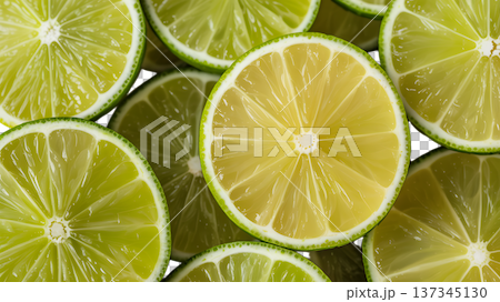 Freshly Sliced Green Limes with Juicy Texture and Bright Citrus Flavor Freshly Sliced Green Limes with Juicy Texture and Bright Citrus Flavor 137345130