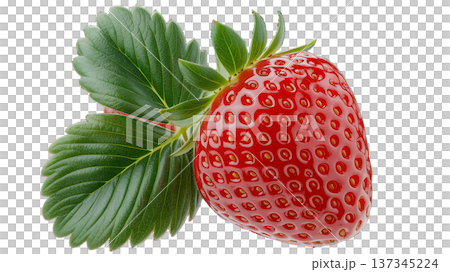 Perfectly Ripe Strawberry with Lush Green Leaves on Pure Background 137345224