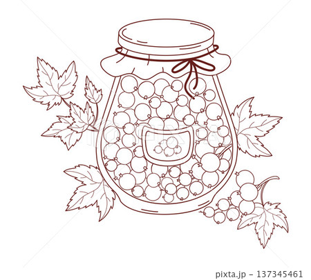 Outline Fresh Homemade Berries Jam in Glass Jar with Paper Lid. Line drawing, coloring page.  Vector Illustration. Isolated on White with Leaves Currants 137345461