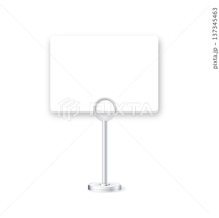 Realistic 3D silver clip displaying blank template on desktop. Perfect mockup for cafe menu, office reminder, business badge, or tabletop presentation flyer. Realistic 3D silver clip displaying blank template on desktop. Perfect mockup for cafe menu, office reminder, business badge, or tabletop presentation flyer. 137345463