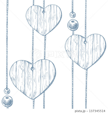 Wooden hearts and beads hanging on strings. A hand-drawn graphic illustration in ink line art style. A minimalist seamless pattern for holiday and wedding decor. Themed around love, romance, sweetness 137345514