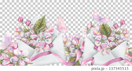 Watercolor illustration of white envelopes with spring apple tree flowers and pink butterflies. Hand drawn summer floral seamless border. Romantic botanical art for greeting card and wedding design. Watercolor illustration of white envelopes with spring apple tree flowers and pink butterflies. Hand drawn summer floral seamless border. Romantic botanical art for greeting card and wedding design. 137345515