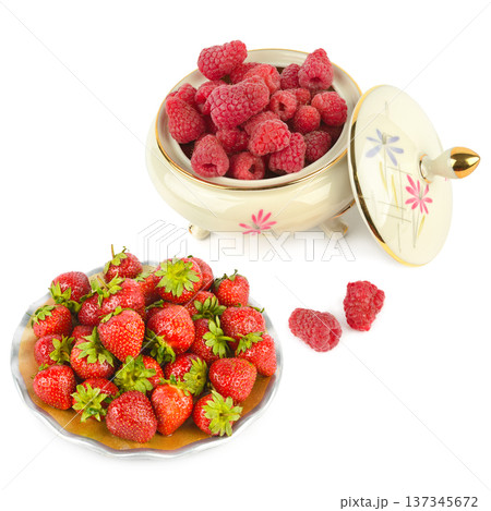 Fresh Organic Strawberries and Raspberries in Vintage Porcelain Ware Fresh Organic Strawberries and Raspberries in Vintage Porcelain Ware 137345672