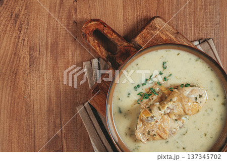 Chikhirtma chicken soup, Georgian dish, with lavash, top view, no people, 137345702