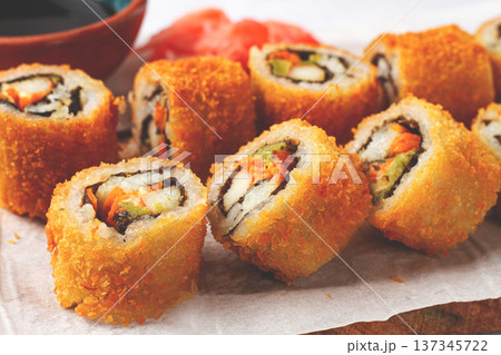 California tempura roll, deep-fried, hot rolls, surimi crab roll and avocado, cream cheese, California tempura roll, deep-fried, hot rolls, surimi crab roll and avocado, cream cheese, 137345722