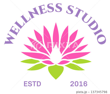 Wellness studio logo. Zen class emblem with pink lotus 137345798
