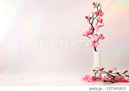 Elegant sunny colorful banner with pink blooming sakura branches in vase, abstract spring flower arrangement and template for your creative work, display table and spring concept, holiday design Elegant sunny colorful banner with pink blooming sakura branches in vase, abstract spring flower arrangement and template for your creative work, display table and spring concept, holiday design 137345915