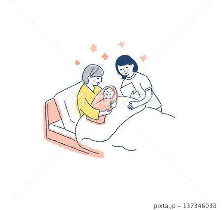 ベッドで赤ちゃんを抱くママと笑顔の看護師 137346038