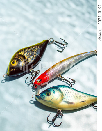 Fishing hobby concept. Accessories on blue background Fishing hobby concept. Accessories on blue background 137346109