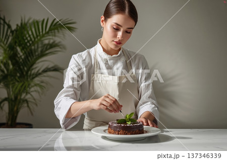Pastry chef delicately placing mint leaf on elegant dessert in refined studio setting 137346339