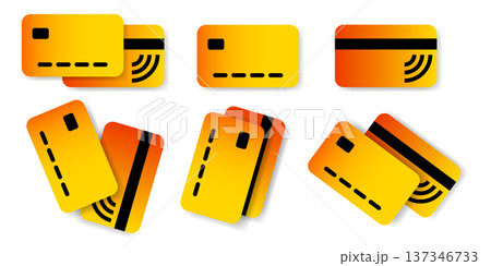 Yellow credit card icons set with contactless payment symbol and magnetic stripe. 137346733