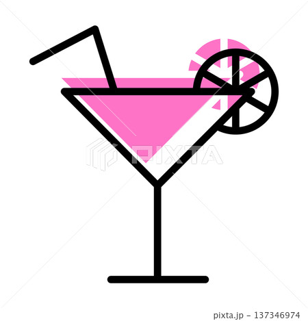 icon of glass with cocktail and lemon contour cartoon style with pink shadow icon of glass with cocktail and lemon contour cartoon style with pink shadow 137346974