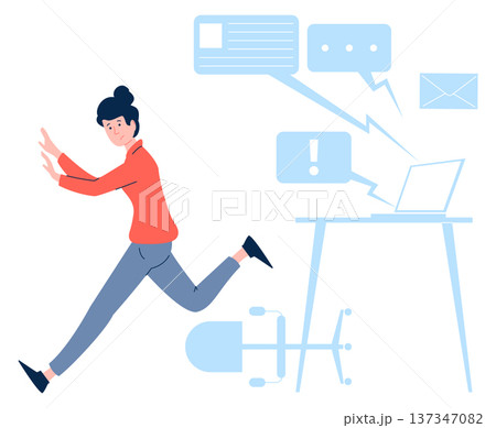 Woman run from social media overload. Information anxiety panic 137347082