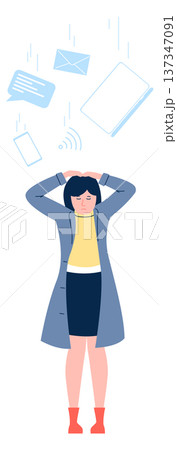 Stressed nervous woman with communication overload. Information burnout 137347091