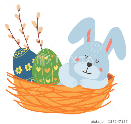 Easter basket with bunny and eggs. Sleeping rabbit mascot 137347125