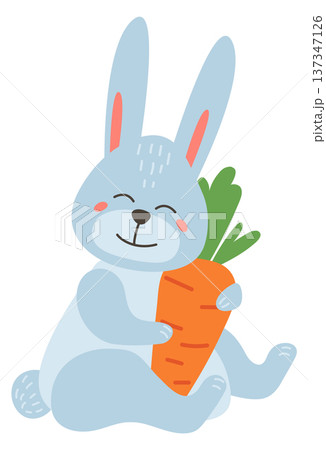 Happy rabbit hold carrot. Cute bunny color character 137347126