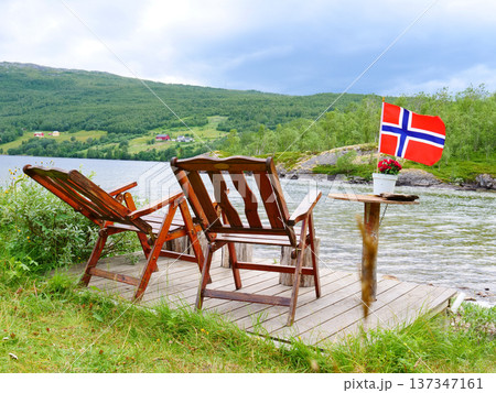 Rest stop area on norwegian fjord shore Rest stop area on norwegian fjord shore 137347161