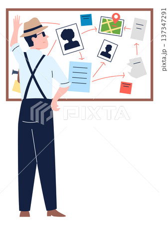 Crime investigation board. Cartoon character inspect connections Crime investigation board. Cartoon character inspect connections 137347291