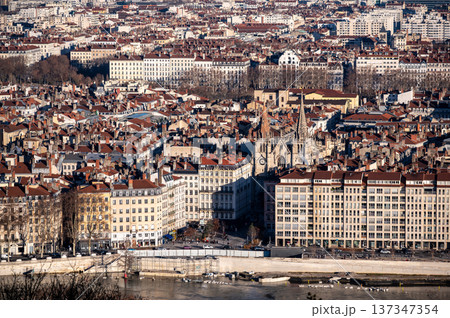 Lyon, france. December 27, 2023. Overlooking the historic city of lyon, france, featuring dense urban buildings, traditional rooftops, and the saone river 137347354