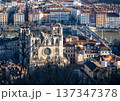 Lyon, france. December 27,2023. Aerial view capturing lyon, france, featuring the historic saint jean cathedral, saone river, and old buildings in vieux lyon 137347378