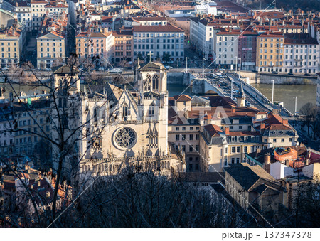 Lyon, france. December 27,2023. Aerial view capturing lyon, france, featuring the historic saint jean cathedral, saone river, and old buildings in vieux lyon 137347378