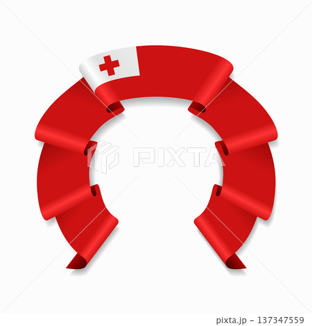 Tongan flag circular wavy ribbon, ideal for patriotic design themes. Vector illustration. 137347559