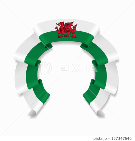 Welsh flag circular wavy ribbon, ideal for patriotic design themes. Vector illustration. 137347640