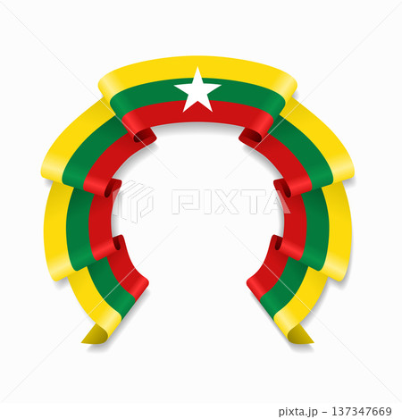 Myanmar flag circular wavy ribbon, ideal for patriotic design themes. Vector illustration. 137347669