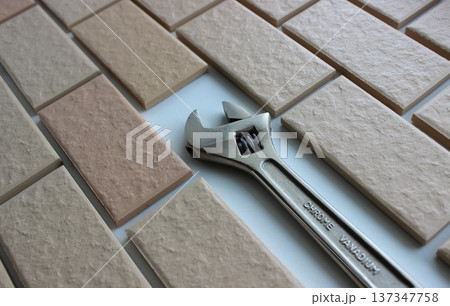 Head Of Adjustable Spanner Inside Decorative Brickwork. Stock Photo For House Repairing Illustration Head Of Adjustable Spanner Inside Decorative Brickwork. Stock Photo For House Repairing Illustration 137347758
