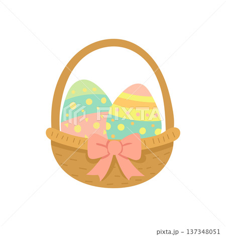 Easter basket with colorful decorated eggs and ribbon bow, festive spring illustration perfect for holiday greeting cards, seasonal decorations and cheerful celebration graphics 137348051