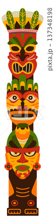Hawaiian traditional wooden pole with human head masks Hawaiian traditional wooden pole with human head masks 137348198