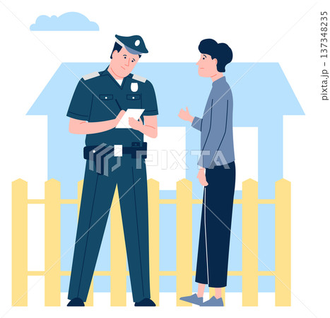 Police officer talk with woman. Crime witness character 137348235