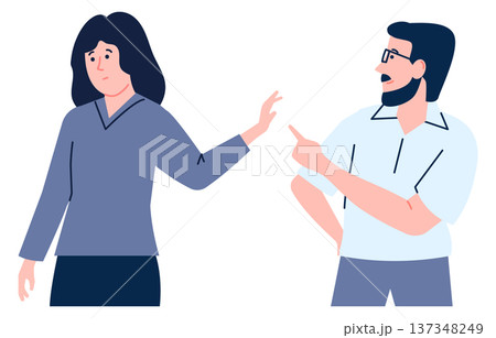 Woman showing denial gesture to man. Person refuse to talk Woman showing denial gesture to man. Person refuse to talk 137348249