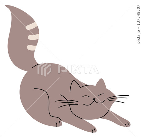Stretching cat drawing. Fluffy gray pet doodle 137348307