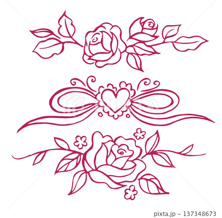 set of doodle illustrations with roses, vintage style. Wedding decoration set of doodle illustrations with roses, vintage style. Wedding decoration 137348673