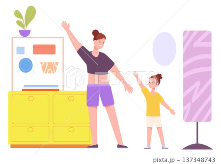 Mother stretching with daughter. Morning family exercise workout 137348743