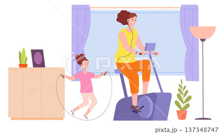 Cardio workout for kid and adult. Mother and daughter training together 137348747