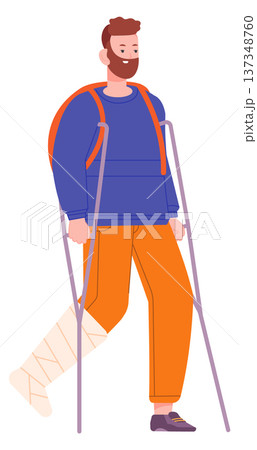Man walk with broken leg in plaster cast 137348760