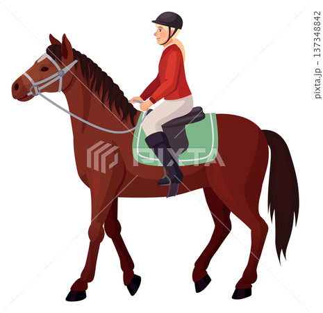 Female jockey cartoon character. Young woman ride animal Female jockey cartoon character. Young woman ride animal 137348842