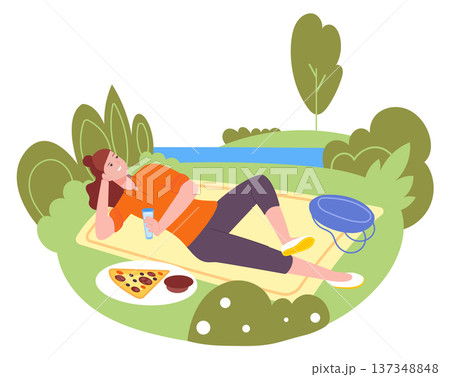 Happy girl on picnic. Summertime leisure color concept Happy girl on picnic. Summertime leisure color concept 137348848