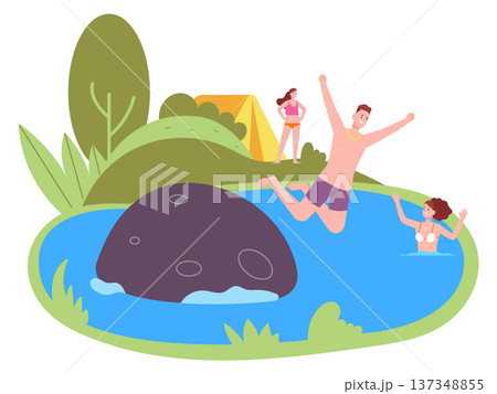 People swim in lake. Summer outdoor activity scene 137348855