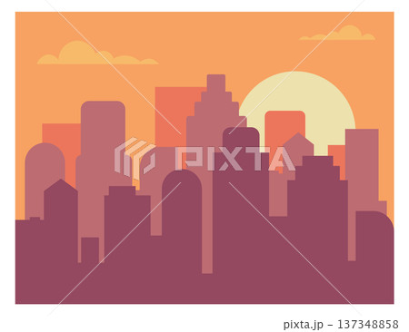 Sunset sky in city panorama. Downtown urban buildings Sunset sky in city panorama. Downtown urban buildings 137348858